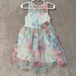 Zunie Kids Floral Sleeveless Dress Blue Fit & Flare Hi-Low Tulle Toddler Size 3T